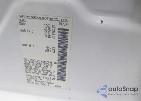 2019 Nissan Altima 2.5 S из США, поврежденный, VIN 1N4BL4BV6KC235820